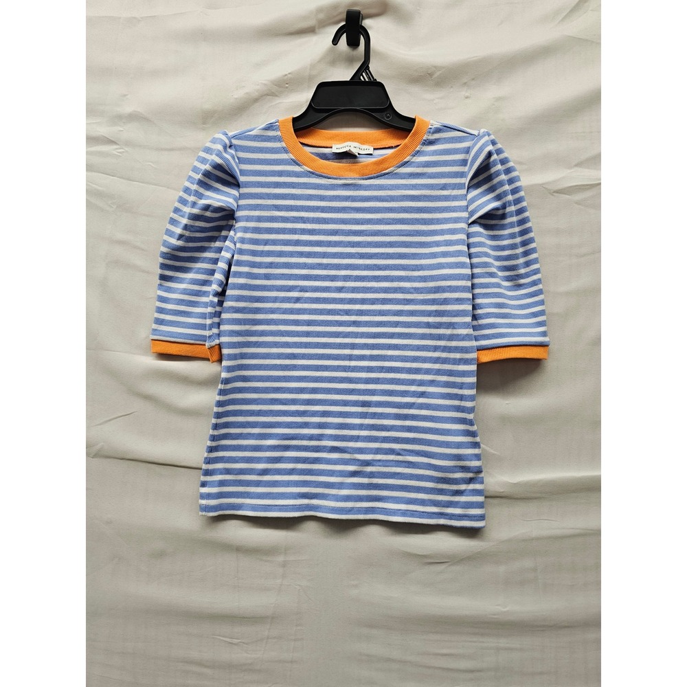 Rebecca Minkoff Womens Striped Puff Sleeve Ringer Top Blue Cotton Size Small